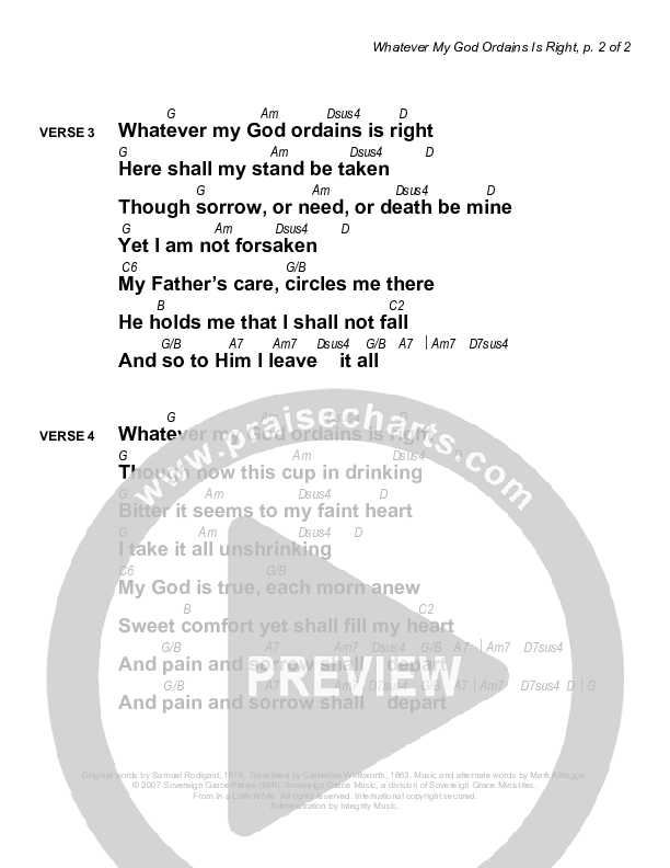 Whatever My God Ordains Is Right Chords & Lyrics (Sovereign Grace)