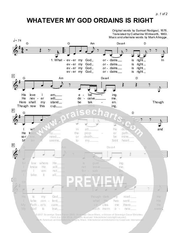 Whatever My God Ordains Is Right Lead Sheet (Sovereign Grace)