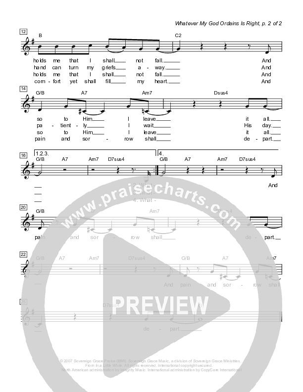 Whatever My God Ordains Is Right Lead Sheet (Sovereign Grace)