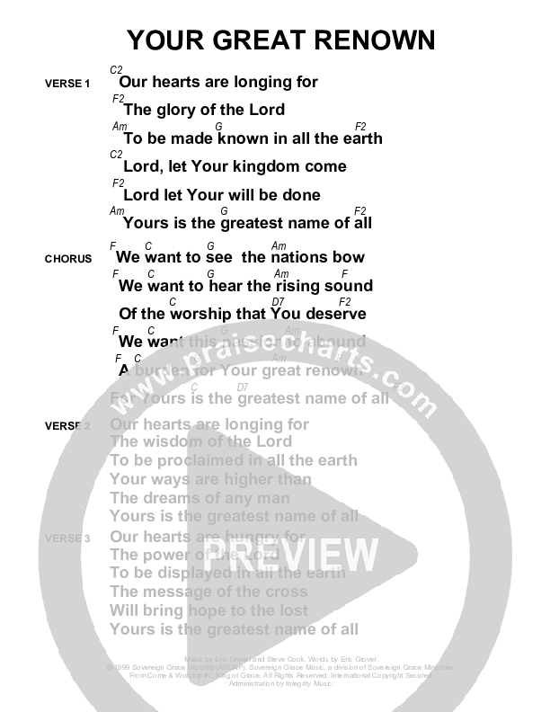 Your Great Renown Chords & Lyrics (Sovereign Grace)