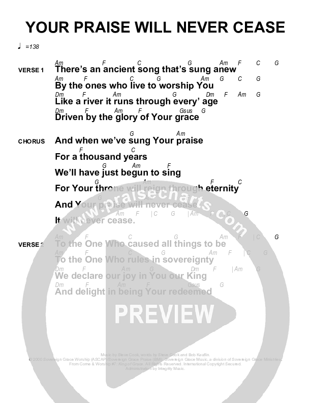 Your Praise Will Never Cease Chords & Lyrics (Sovereign Grace)