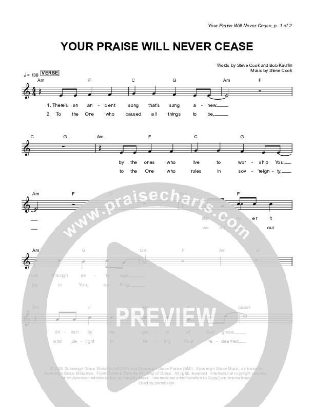 Your Praise Will Never Cease Lead Sheet (Sovereign Grace)