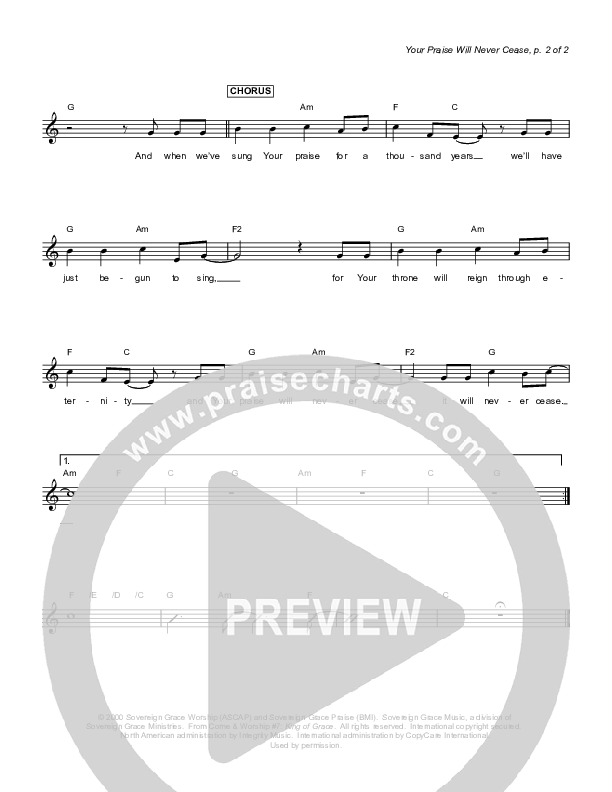 Your Praise Will Never Cease Lead Sheet (Sovereign Grace)