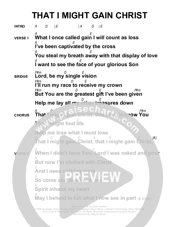 That I Might Gain Christ Chords & Lyrics (Sovereign Grace)