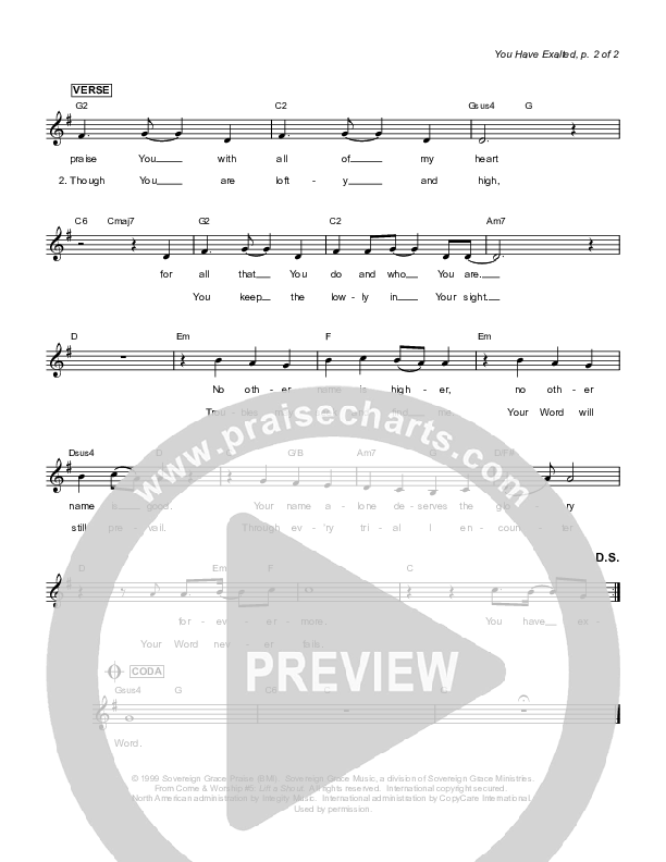 You Have Exalted Lead Sheet (Sovereign Grace)