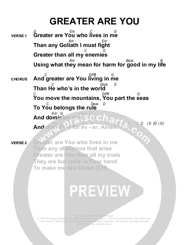 Greater Are You Chords & Lyrics (Sovereign Grace)