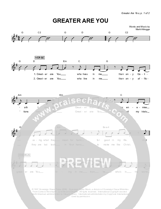 Greater Are You Lead Sheet (Sovereign Grace)