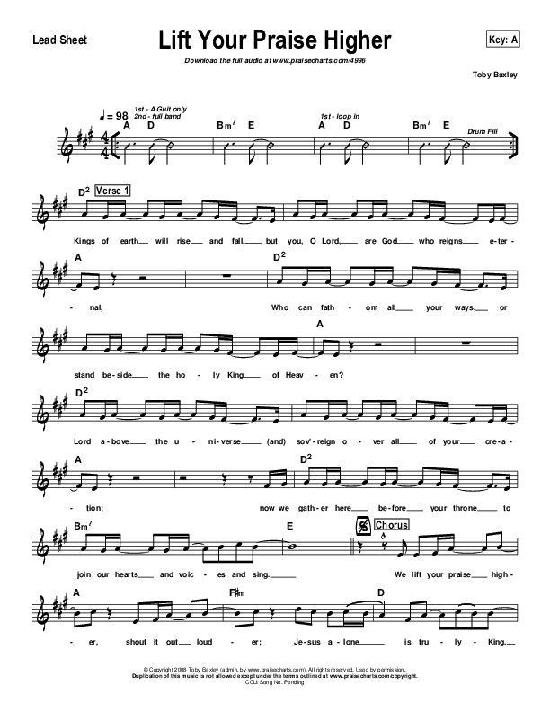 Lift Your Praise Higher Lead Sheet (Toby Baxley)
