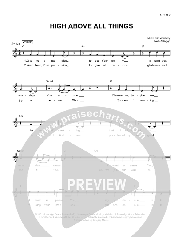 High Above All Things Lead Sheet (Sovereign Grace)