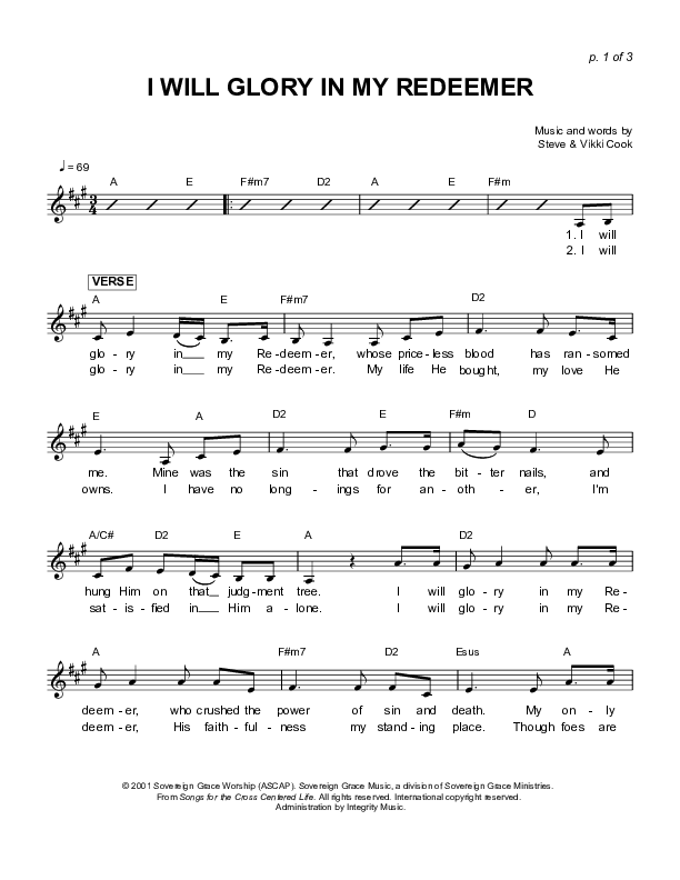I Will Glory In My Redeemer Lead Sheet (Sovereign Grace)