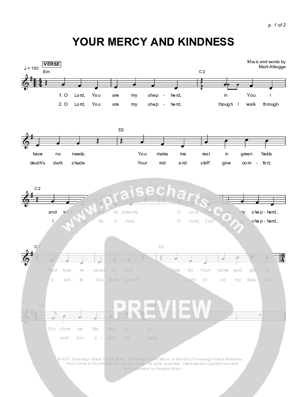 Your Mercy And Kindness Lead Sheet (Sovereign Grace)