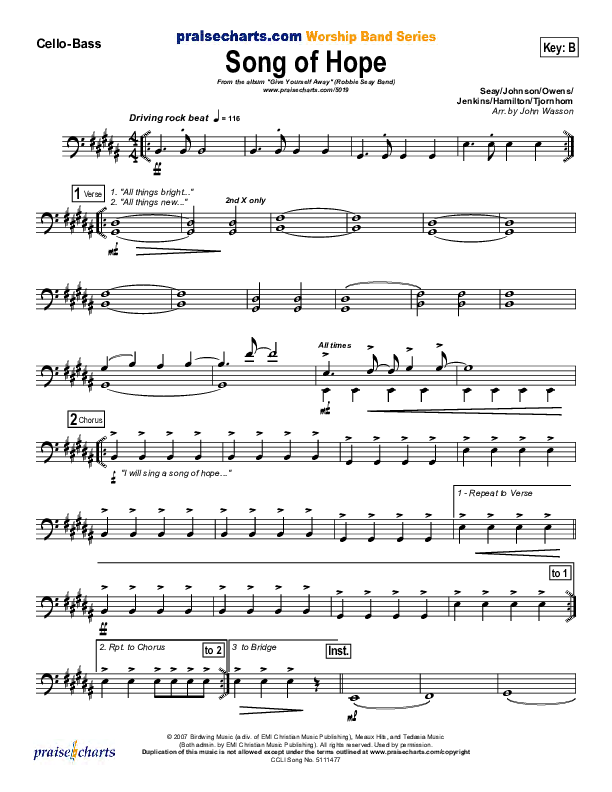 Song Of Hope Cello/Bass (Robbie Seay)