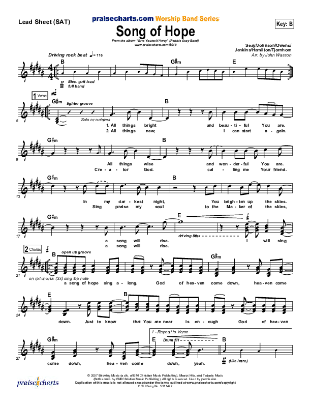 Song Of Hope Lead Sheet (SAT) (Robbie Seay)