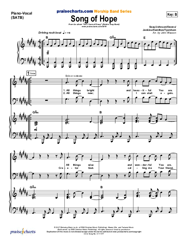 Song Of Hope Piano/Vocal (Robbie Seay)