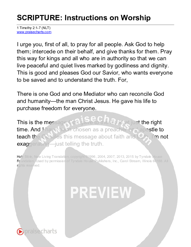 Instructions On Worship (1 Timothy 2) Reading (New Living Translation)