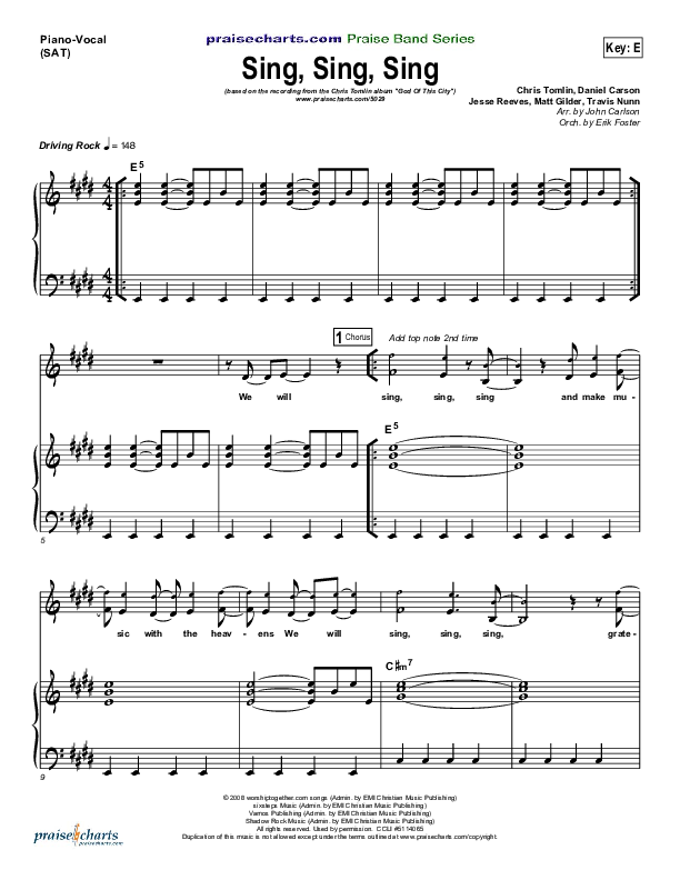 Sing Sing Sing Piano/Vocal (SAT) (Chris Tomlin / Passion)