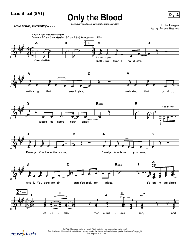 Only The Blood Lead Sheet (Kevin Pledger)