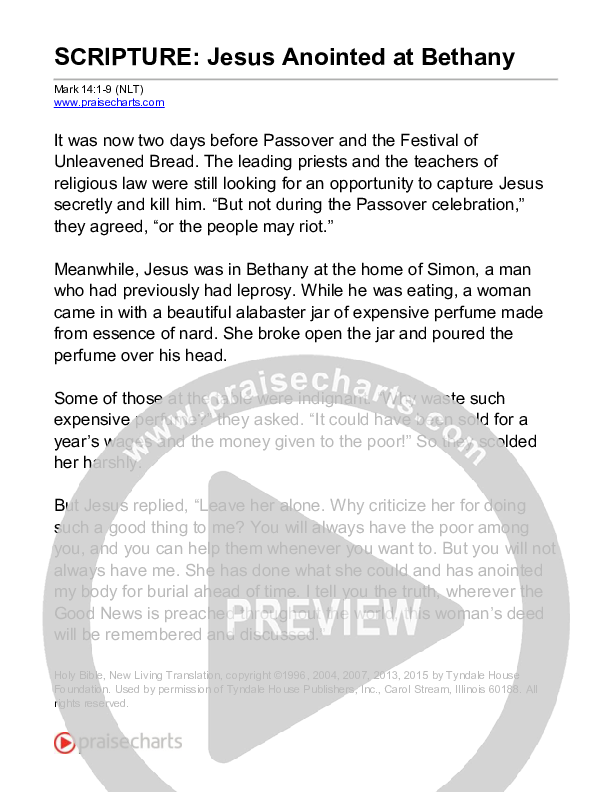 Jesus Anointed At Bethany (Mark 14) Reading (Scripture)