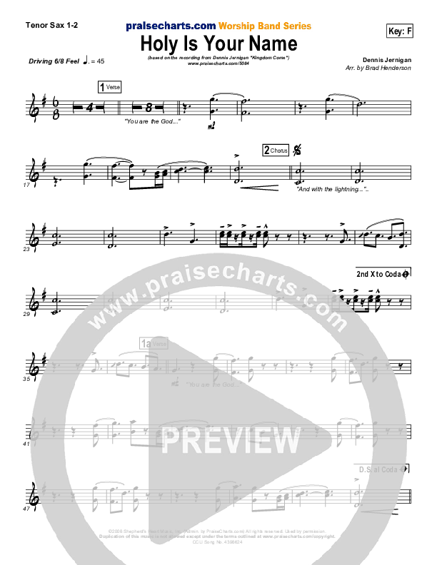 Holy Is Your Name Tenor Sax 1/2 (Dennis Jernigan)