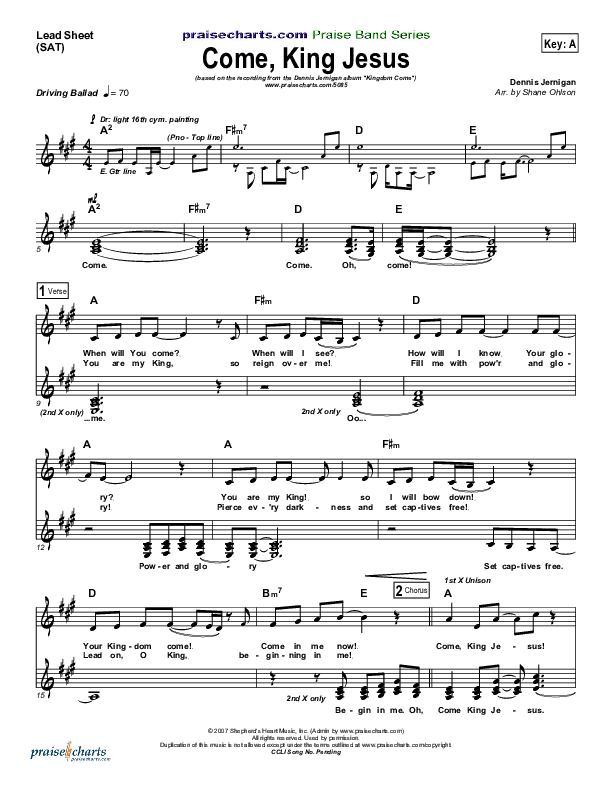 Come King Jesus Lead Sheet (SAT) (Dennis Jernigan)
