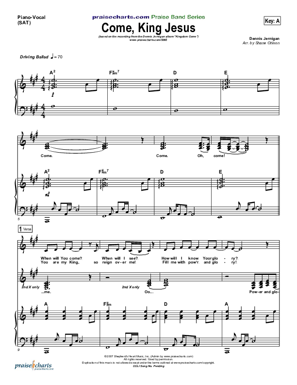 Come King Jesus Piano/Vocal (SAT) (Dennis Jernigan)