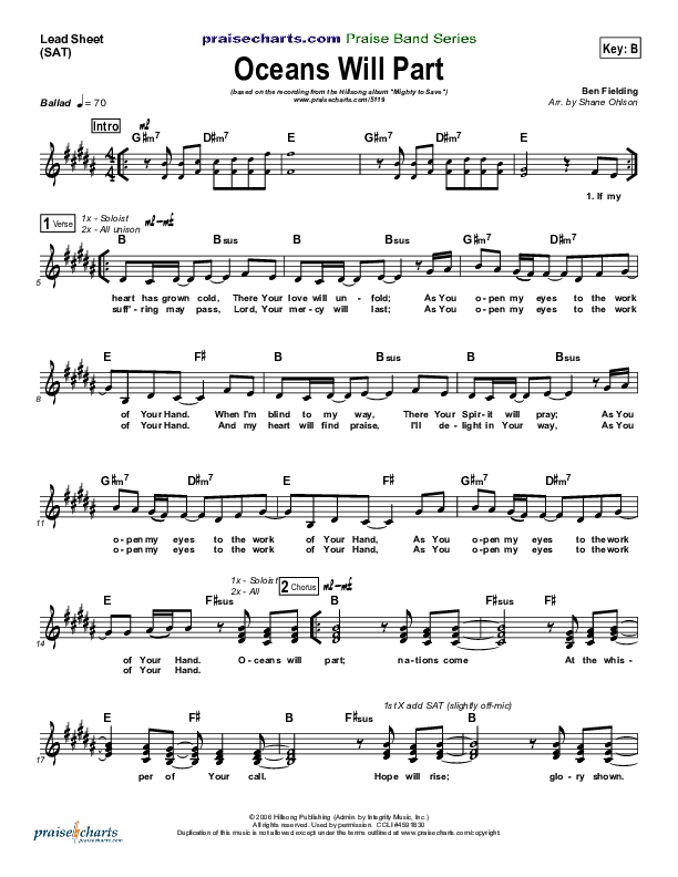 Oceans Will Part Lead Sheet (SAT) (Hillsong Worship)