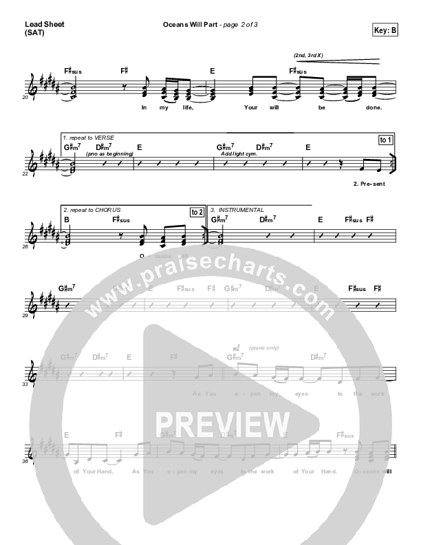 Oceans Will Part Lead Sheet (SAT) (Hillsong Worship)