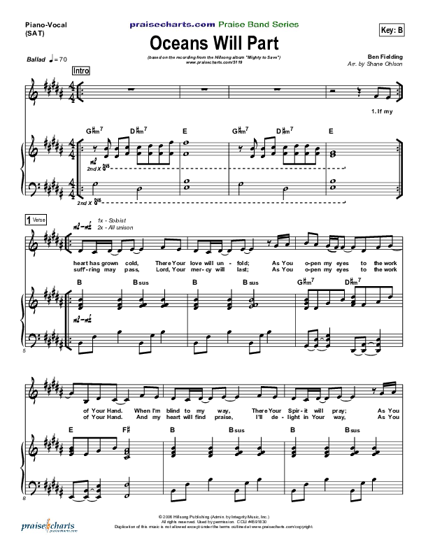 Oceans Will Part Piano/Vocal (SAT) (Hillsong Worship)