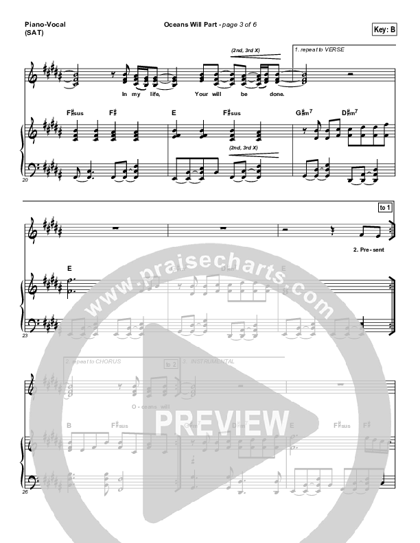 Oceans Will Part Piano/Vocal (SAT) (Hillsong Worship)