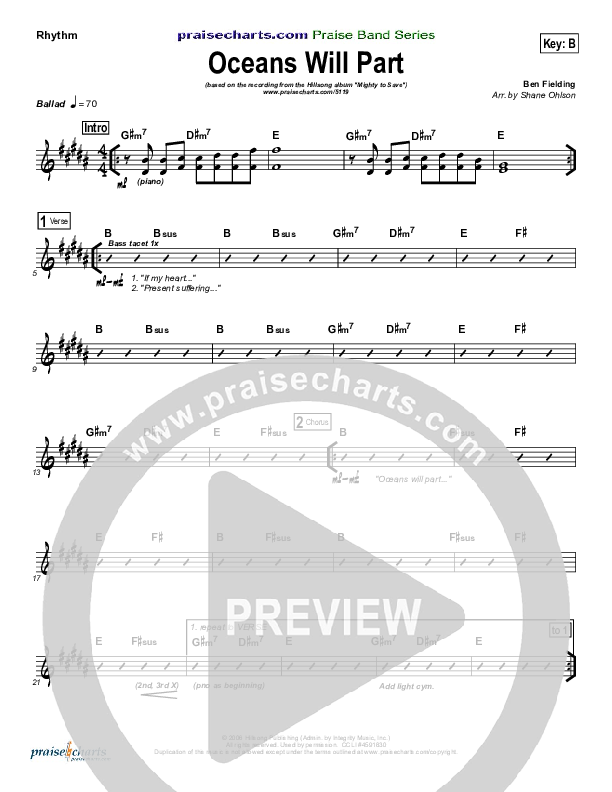 Oceans Will Part Rhythm Chart (Hillsong Worship)