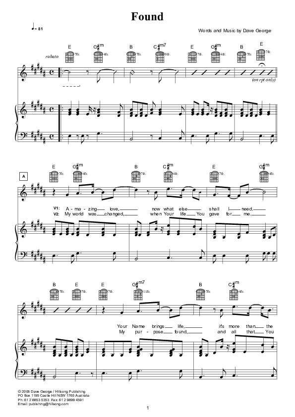 Found (Instrumental) Piano/Vocal (Hillsong Worship)
