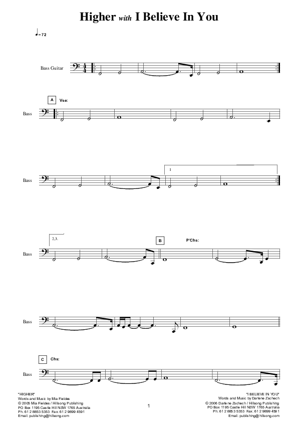 Higher (I Believe In You) (Instrumental) Bass Guitar (Hillsong Worship)