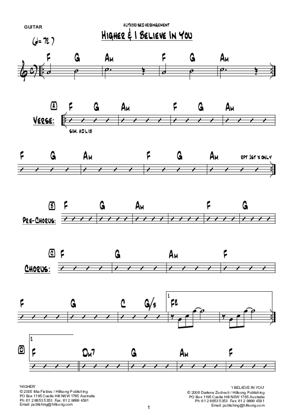 Higher (I Believe In You) (Instrumental) Guitar (Hillsong Worship)