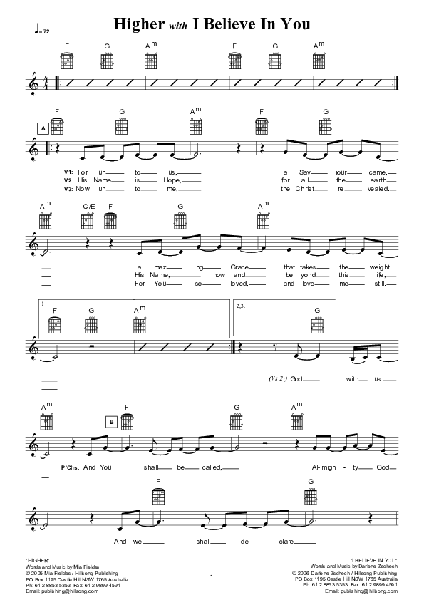 Higher (I Believe In You) (Instrumental) Lead Sheet (Hillsong Worship)