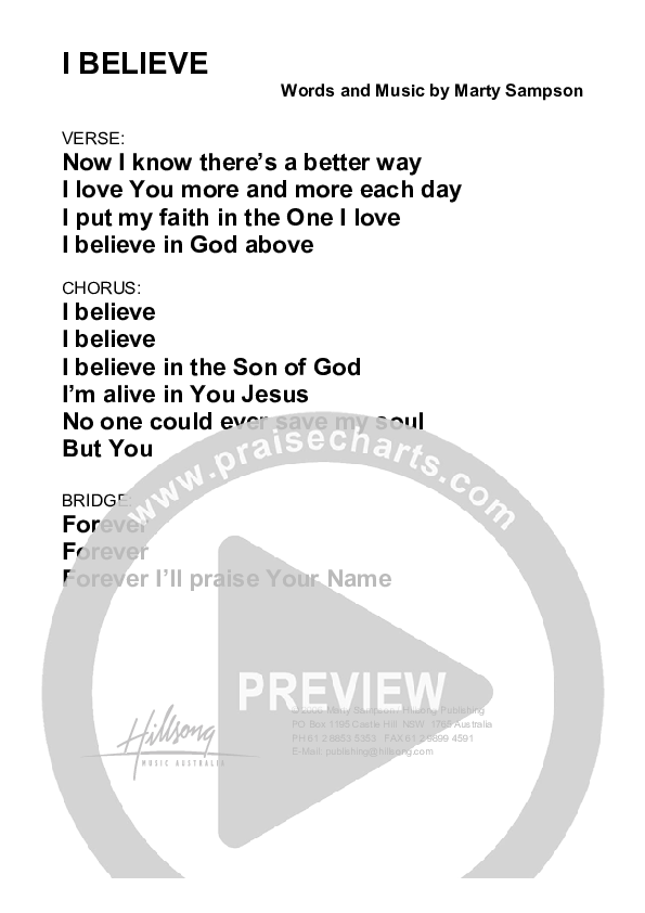 I Believe (Instrumental) Chord Chart (Hillsong Worship)