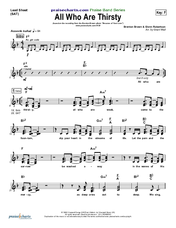 All Who Are Thirsty Lead Sheet (SAT) (Brenton Brown)