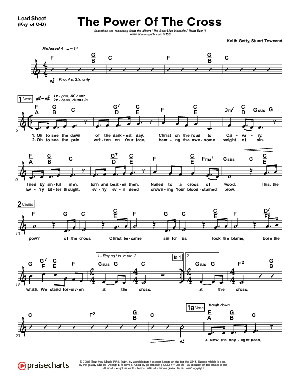 The Power Of The Cross (Oh To See The Dawn) Lead Sheet (Melody) (Stuart Townend)