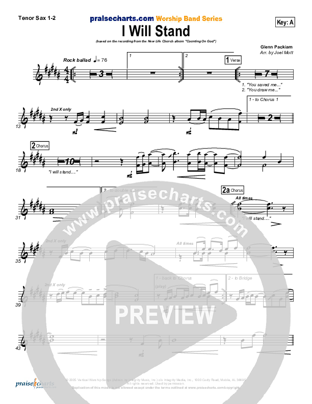 I Will Stand Tenor Sax 1/2 (New Life Worship)