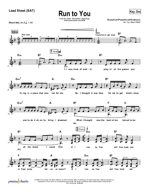 Run To You Lead Sheet (SAT) (Third Day)