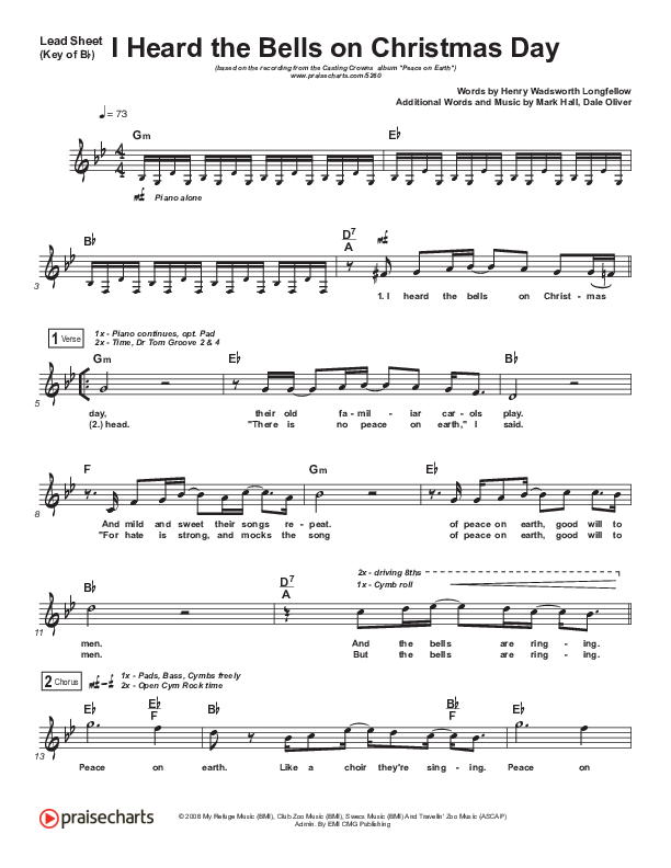 I Heard The Bells On Christmas Day Lead Sheet (Melody) (Casting Crowns)