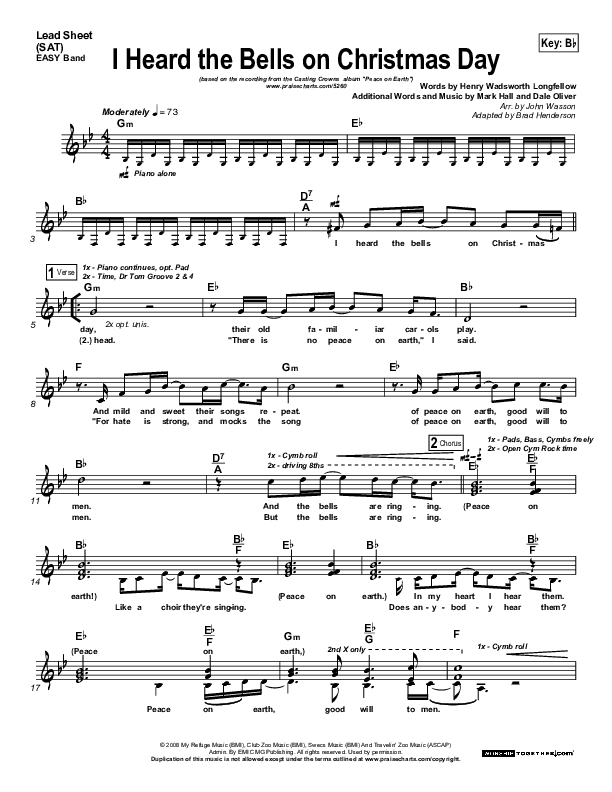 I Heard The Bells On Christmas Day Lead Sheet (SAT) (Casting Crowns)
