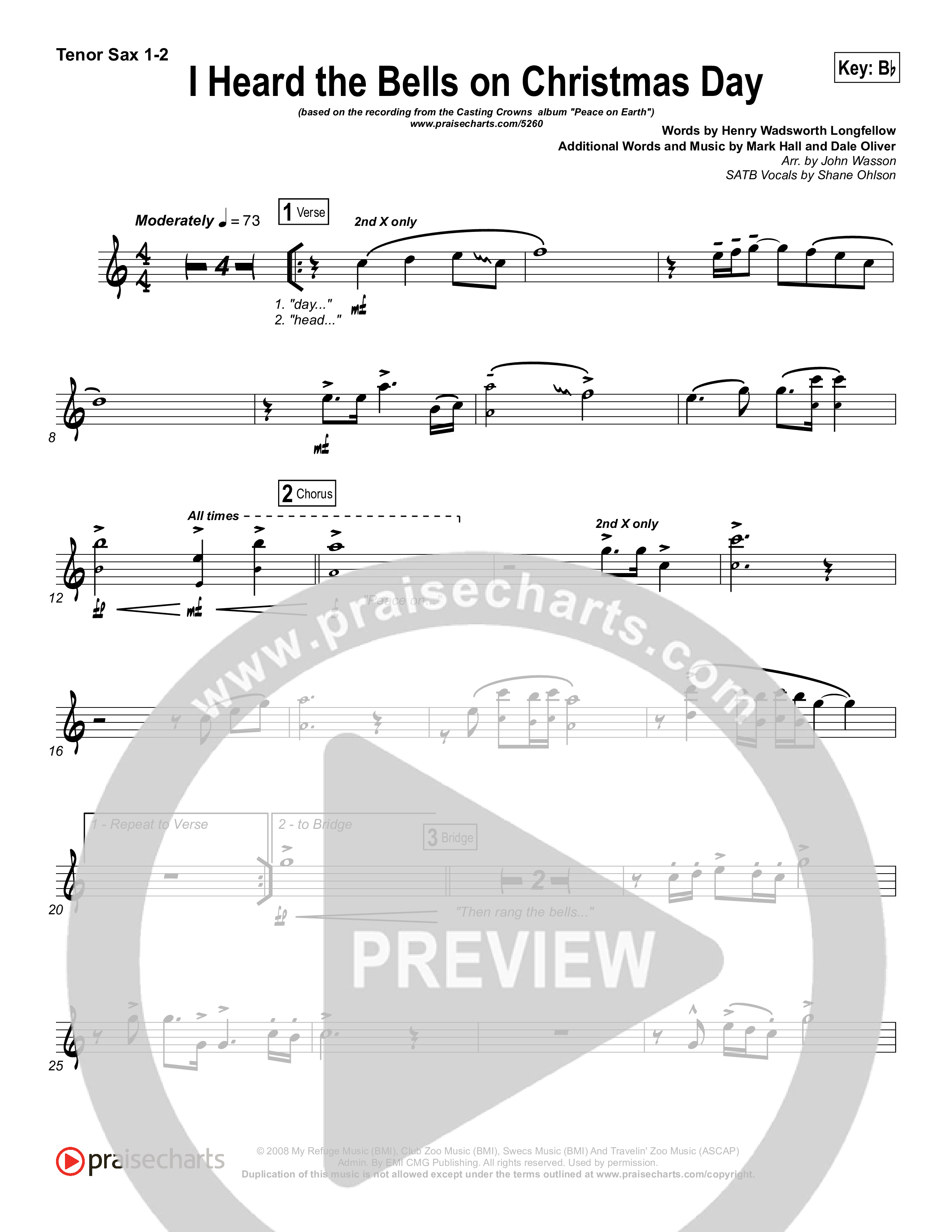 I Heard The Bells On Christmas Day Tenor Sax 1/2 (Casting Crowns)