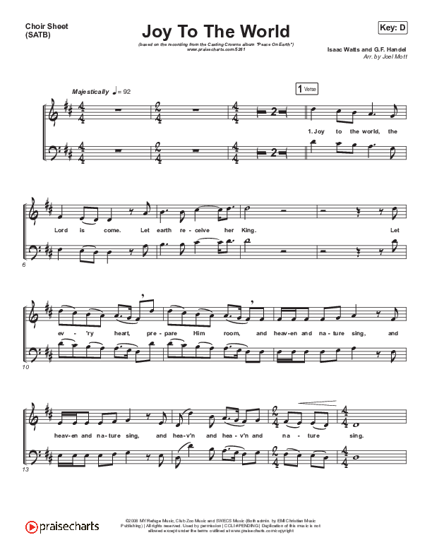 Joy To The World Choir Sheet (SATB) (Casting Crowns)