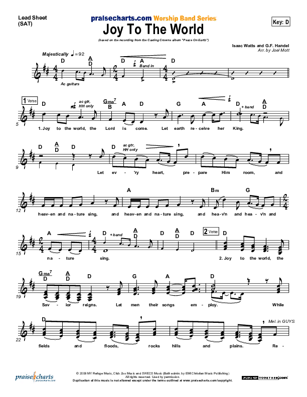 Joy To The World Lead Sheet (Casting Crowns)
