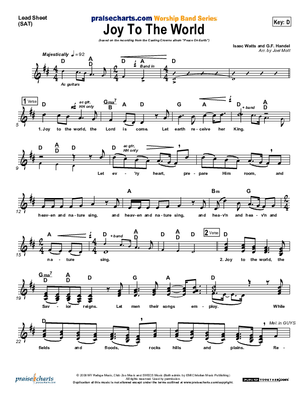 Joy To The World Lead Sheet (SAT) (Casting Crowns)