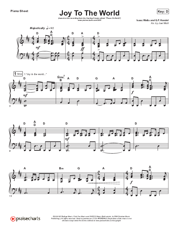 Joy To The World Piano Sheet (Casting Crowns)