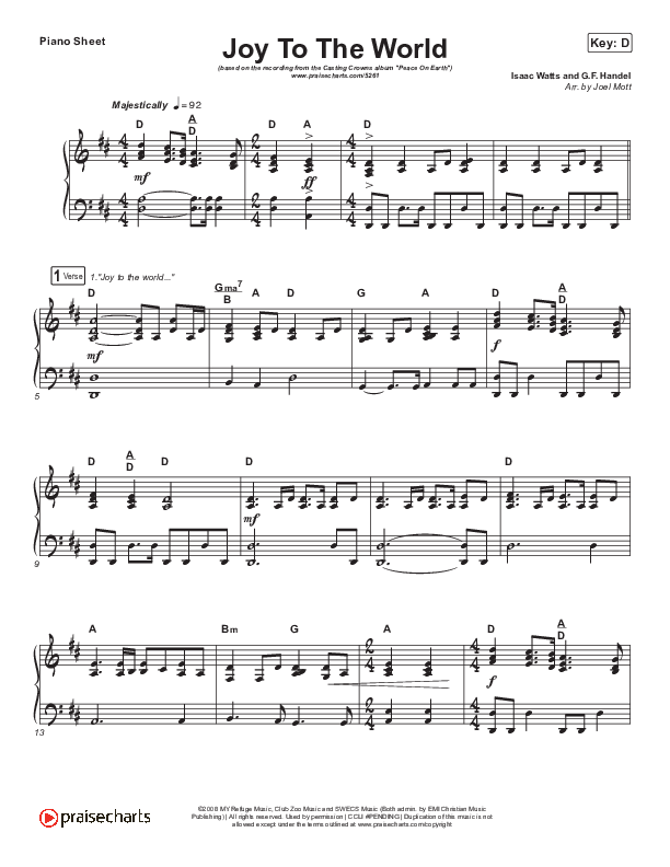 Joy To The World Piano Sheet (Casting Crowns)