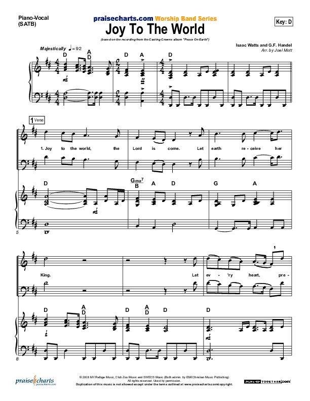 Joy To The World Piano/Vocal (SATB) (Casting Crowns)