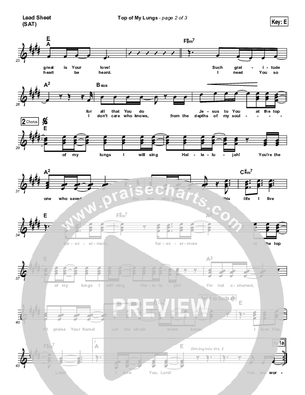Top Of My Lungs Lead Sheet (SAT) (Phillips Craig & Dean)