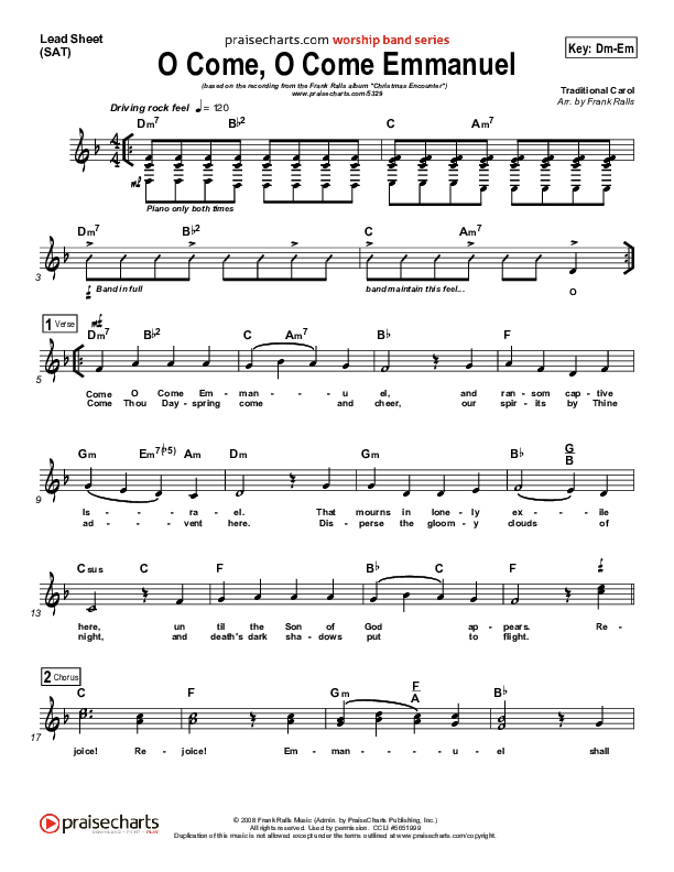 O Come O Come Emmanuel Lead Sheet (SAT) (Frank Ralls)
